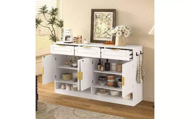 Buffet de Ferme avec 3 Tiroirs et 4 Portes – 150 cm, Étagère Réglable