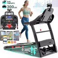 Folding Treadmill with Auto Incline, 300 lb Capacity, 0.6-12 MPH Speed, Heart Rate Monitor, App Control & Bluetooth Audio for Home Use