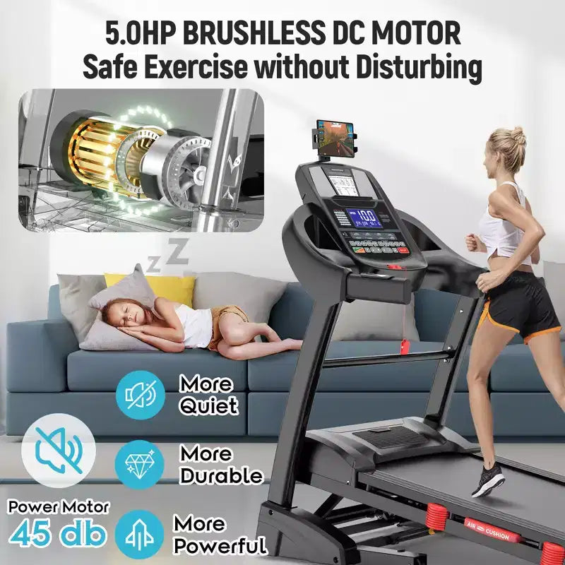 Folding Treadmill with Auto Incline, 300 lb Capacity, 0.6-12 MPH Speed, Heart Rate Monitor, App Control & Bluetooth Audio for Home Use