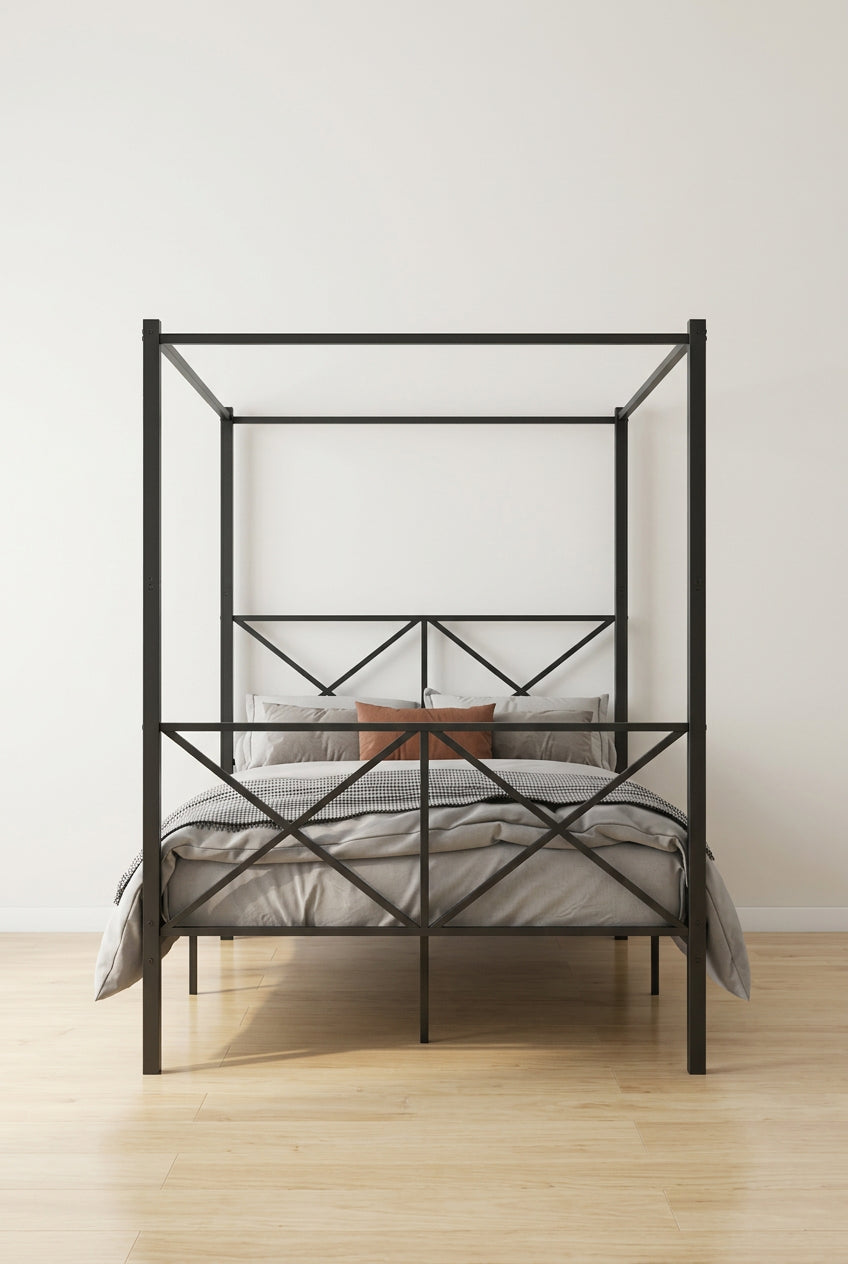 MAYEERTY Full Size Metal Canopy Bed Frame with Sturdy Steel Construction, Under-Bed Storage for Guest Room