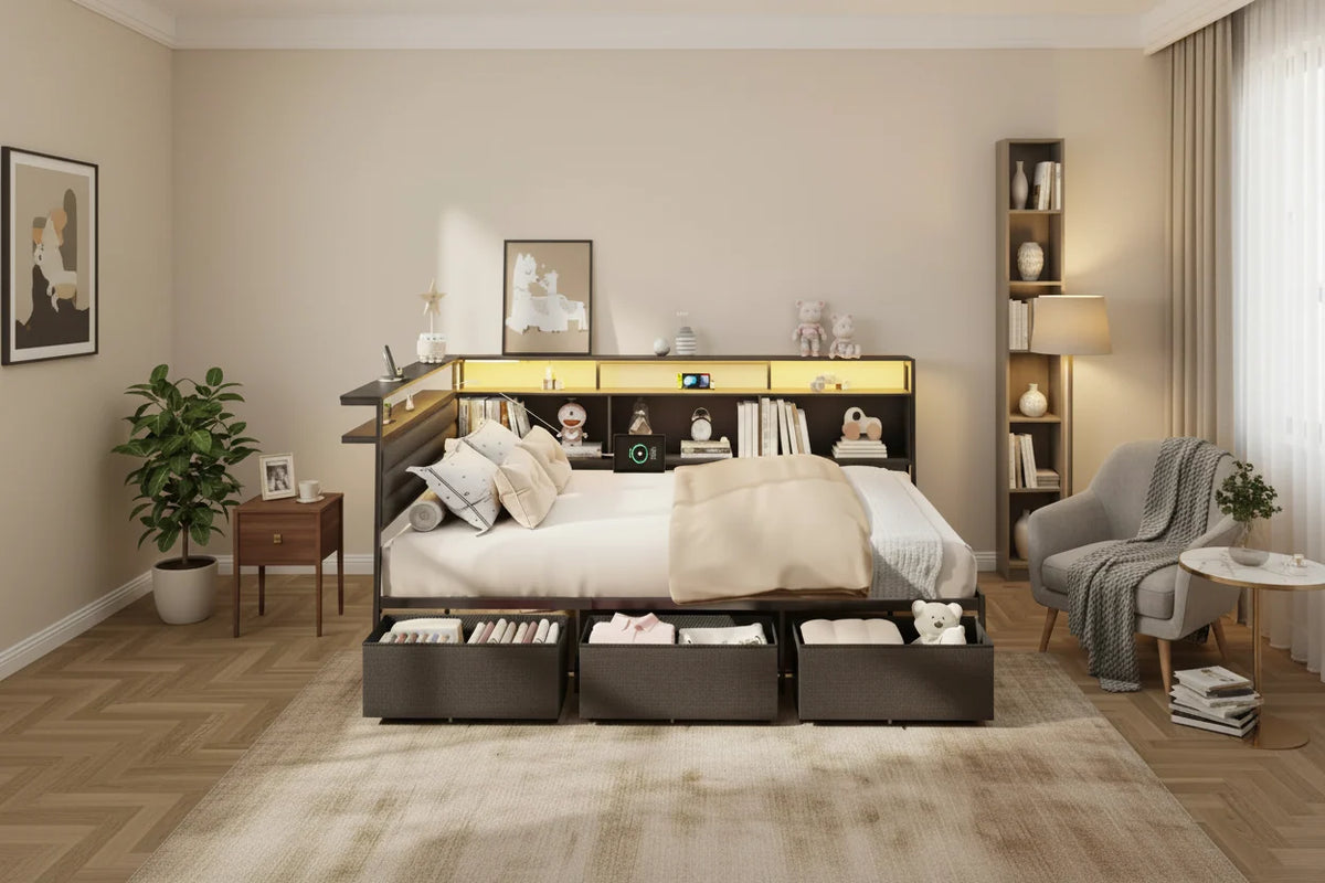 Black Full Bed Frame with LED Lights Charging Station Storage Bookcase 3 Drawers Upholstered Headboard Corner Daybed No Box Spring Support