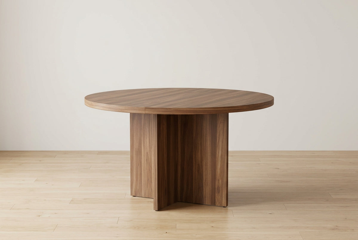 Table à manger ovale extensible, ronde à l'origine, de 109-150 cm - Noyer, 4-8 places, Piétement double chevalet
