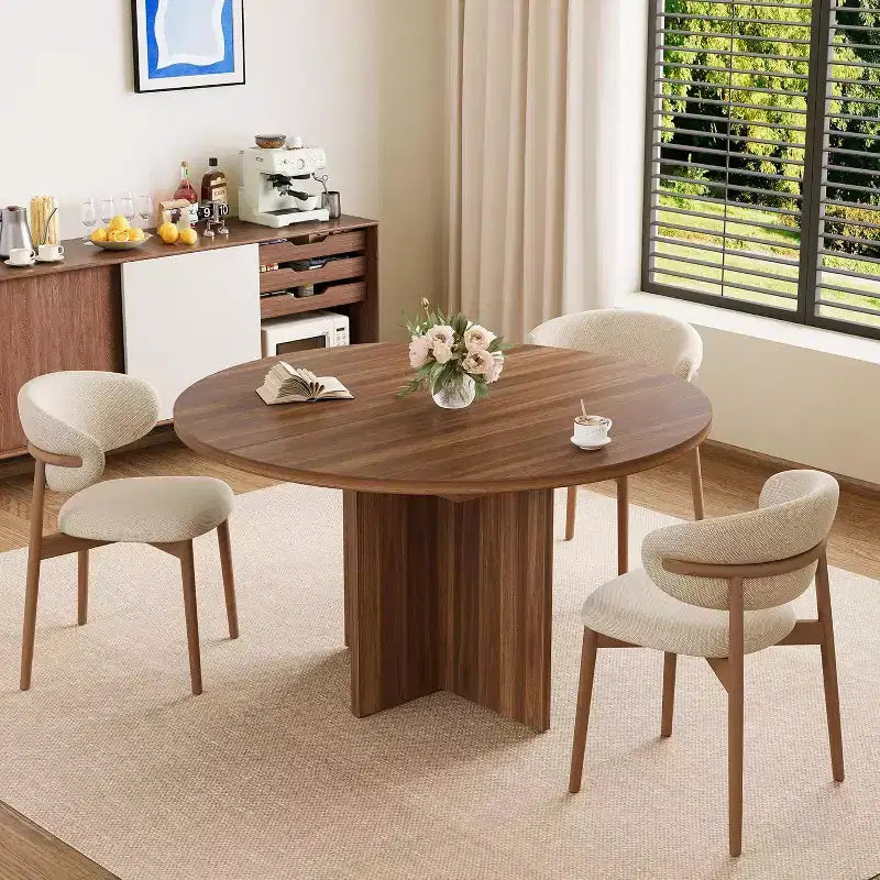 Table à manger ovale extensible, ronde à l'origine, de 109-150 cm - Noyer, 4-8 places, Piétement double chevalet