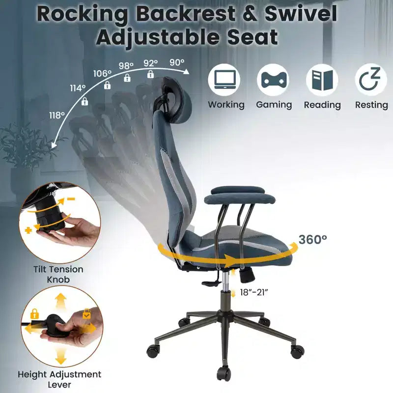 Costway Ergonomic Office Chair with 2D Headrest, Rocking Backrest & Wheels, Gaming Chair Blue/Brown & Beige/Gray & Blue