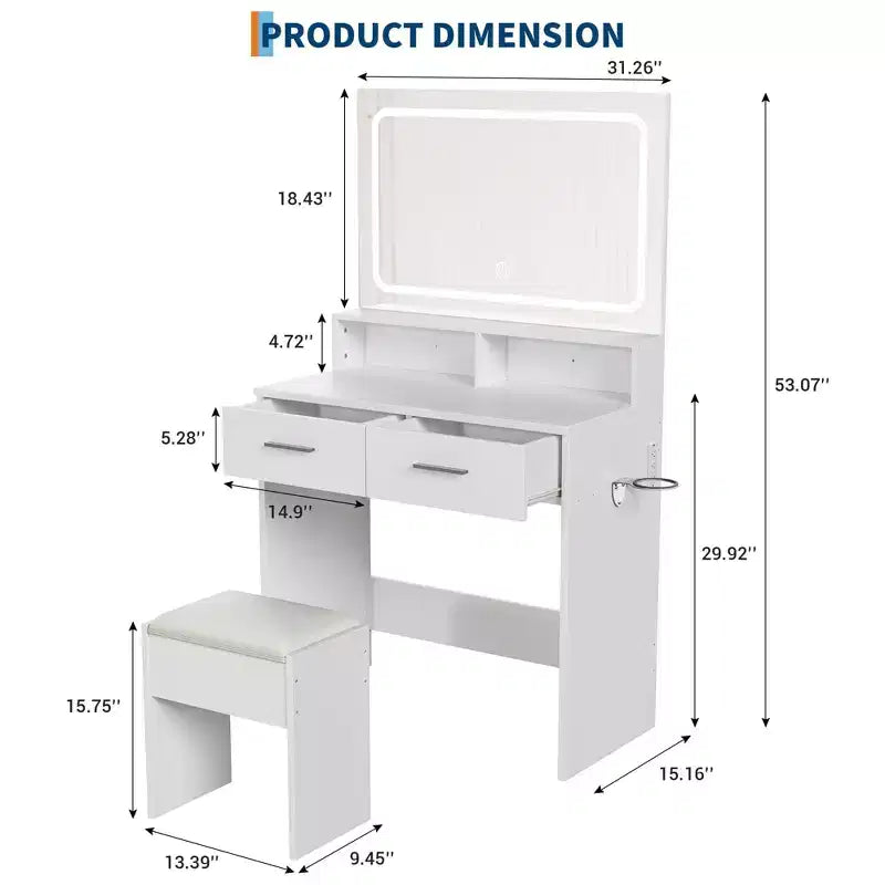 Coiffeuse blanche avec miroir, tiroirs et tabouret