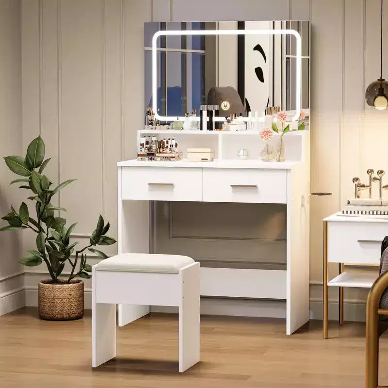 Coiffeuse blanche avec miroir, tiroirs et tabouret
