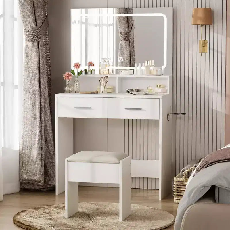 Coiffeuse blanche avec miroir, tiroirs et tabouret