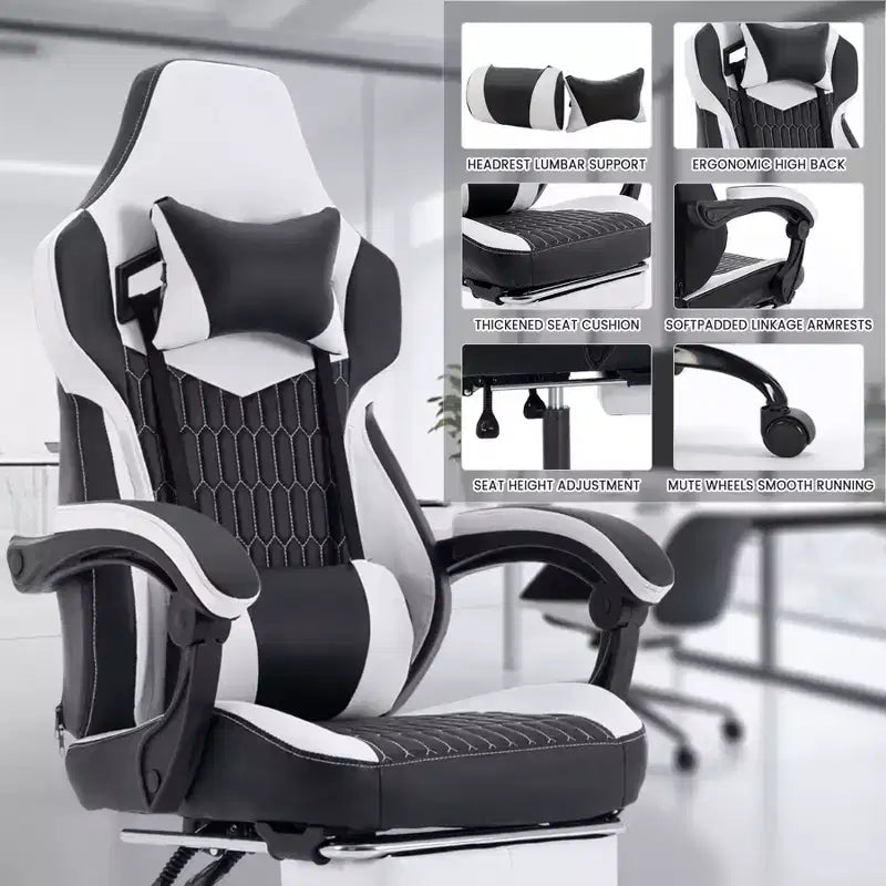 Chaise de jeu pivotante à 360° TUYOHW polyvalente, chaises de bureau réglables avec roulettes, dossier inclinable et repose-pieds, chaises de jeu vidéo ergonomiques, 136 kg max.