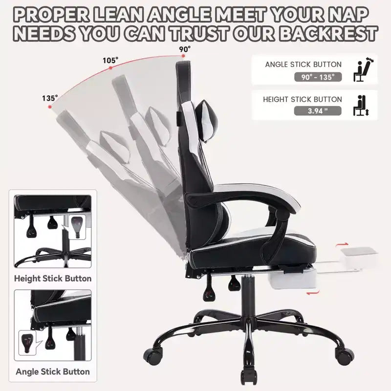 Chaise de jeu pivotante à 360° TUYOHW polyvalente, chaises de bureau réglables avec roulettes, dossier inclinable et repose-pieds, chaises de jeu vidéo ergonomiques, 136 kg max.