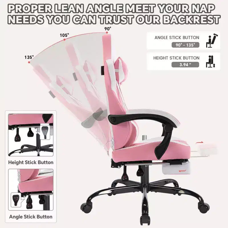 Chaise de jeu pivotante à 360° TUYOHW polyvalente, chaises de bureau réglables avec roulettes, dossier inclinable et repose-pieds, chaises de jeu vidéo ergonomiques, 136 kg max.