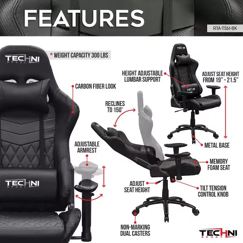 Chaise de jeu ergonomique réglable TUYOHW, chaises de bureau pivotantes à 360° avec oreiller de tête et lombaire, chaise inclinable de 90 à 150° pour bureau et maison, 136 kg max, noir