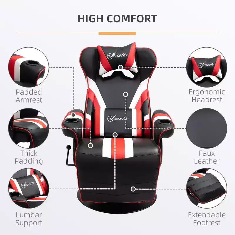 Chaise de jeu inclinable TUYOHW 90-130 avec plaque de base pivotante et porte-gobelet, chaises de jeu vidéo pivotantes à 360° avec oreiller de tête et lombaire, repose-pieds