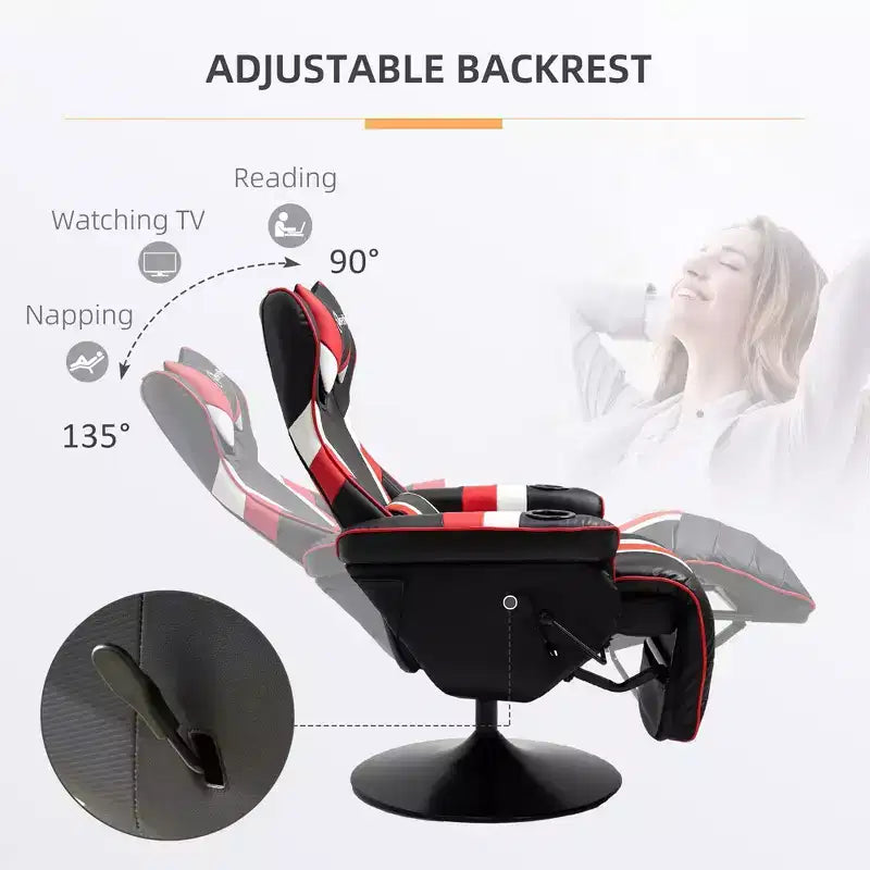 Chaise de jeu inclinable TUYOHW 90-130 avec plaque de base pivotante et porte-gobelet, chaises de jeu vidéo pivotantes à 360° avec oreiller de tête et lombaire, repose-pieds