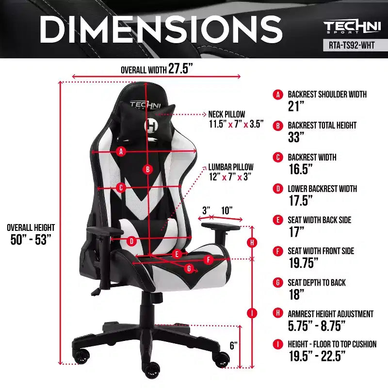 Chaise de jeu ergonomique réglable TUYOHW, chaises de bureau pivotantes à 360° avec oreiller de tête et lombaire, chaise inclinable à 90-150° pour le bureau et la maison, 113 kg max, blanc