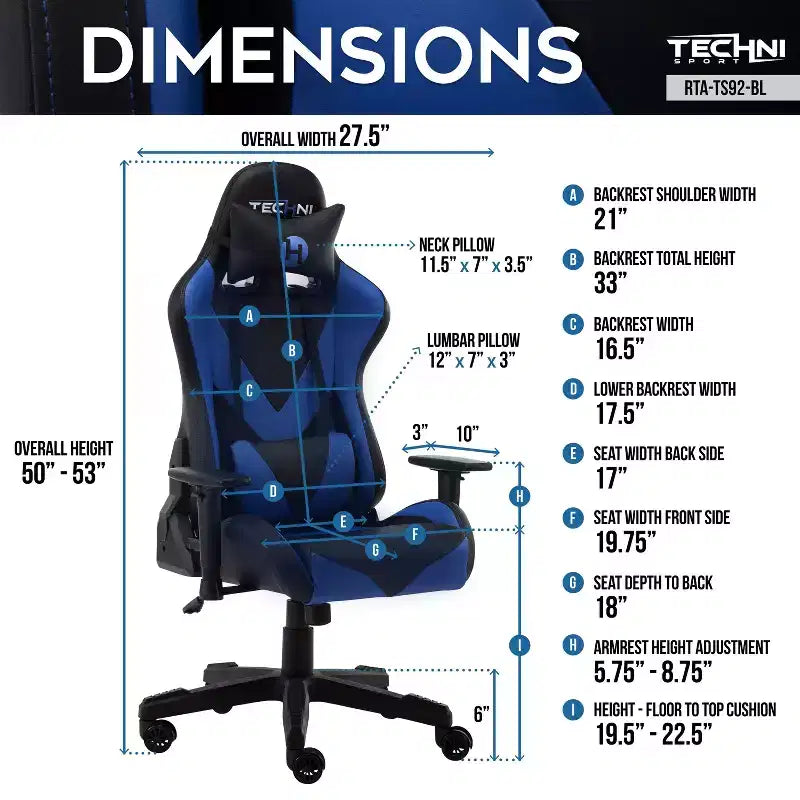 TUYOHW Adjustable Ergonomics Gaming Chair,360 Swivel Office Chairs with Head&Lumbar Pillow,90-150 Reclining Chair for Office&Home,250lbs Max,Blue