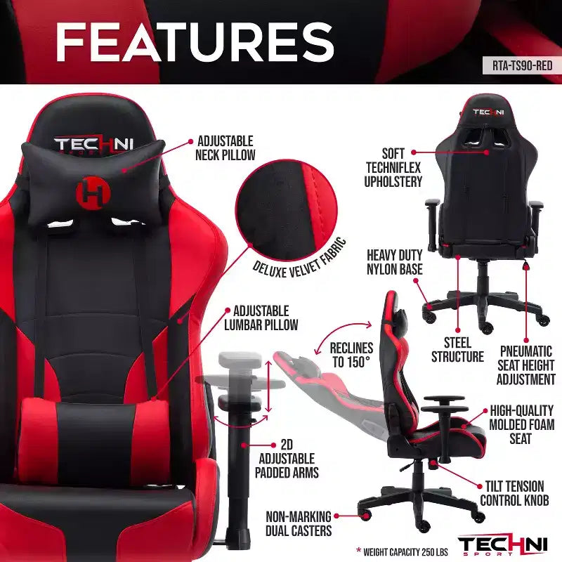 Chaise de jeu ergonomique réglable TUYOHW, chaises de bureau pivotantes à 360° avec oreiller cervical et lombaire, chaise inclinable de 90 à 150° pour le bureau et la maison, 113 kg max, rouge