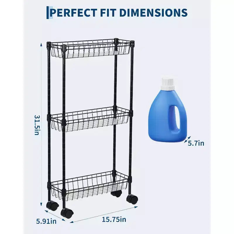 Chariot de rangement fin à roulettes – Paniers métalliques à 3 ou 4 niveaux, étagères réglables