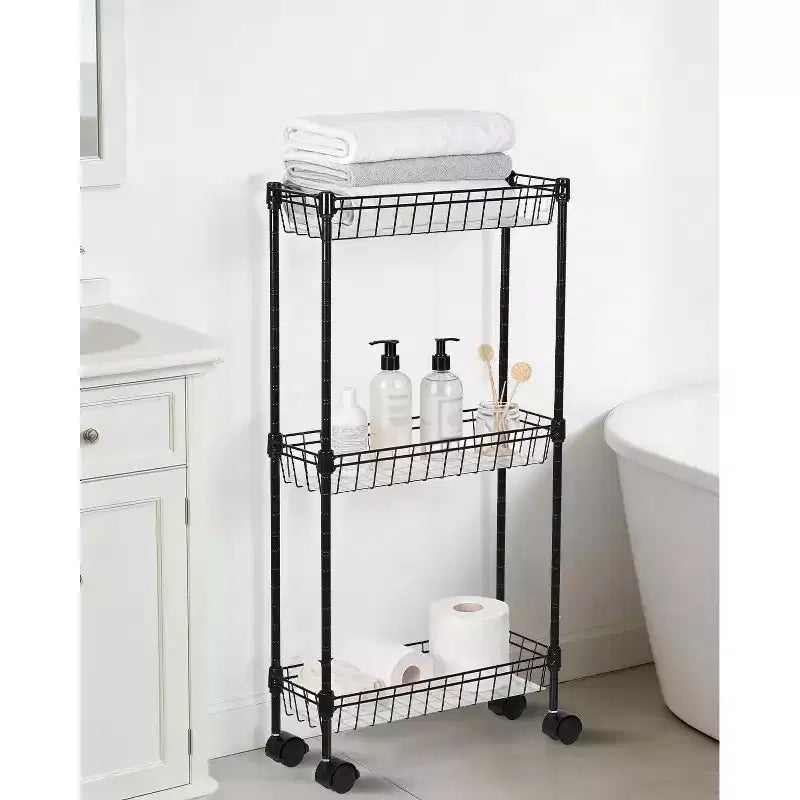 Chariot de rangement fin à roulettes – Paniers métalliques à 3 ou 4 niveaux, étagères réglables