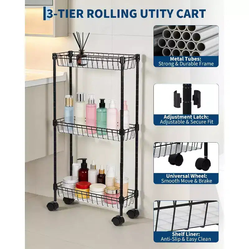 Chariot de rangement fin à roulettes – Paniers métalliques à 3 ou 4 niveaux, étagères réglables