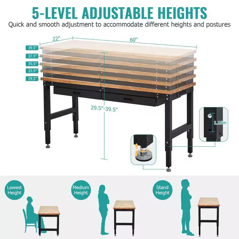 Établi robuste de 60 pouces - Plateau en bois d'hévéa, 3000 lb, hauteur réglable, 2 tiroirs, panneau perforé, prises électriques