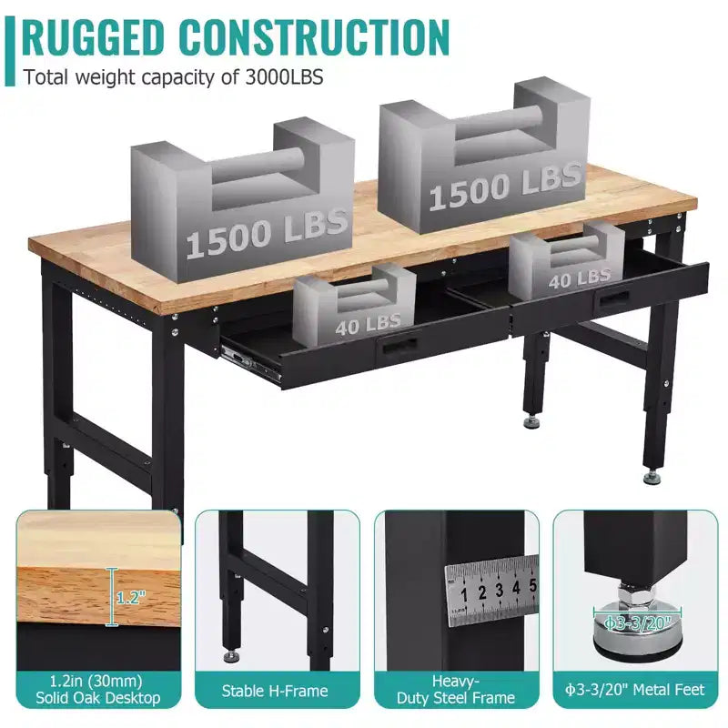 Établi robuste de 60 pouces - Plateau en bois d'hévéa, 3000 lb, hauteur réglable, 2 tiroirs, panneau perforé, prises électriques