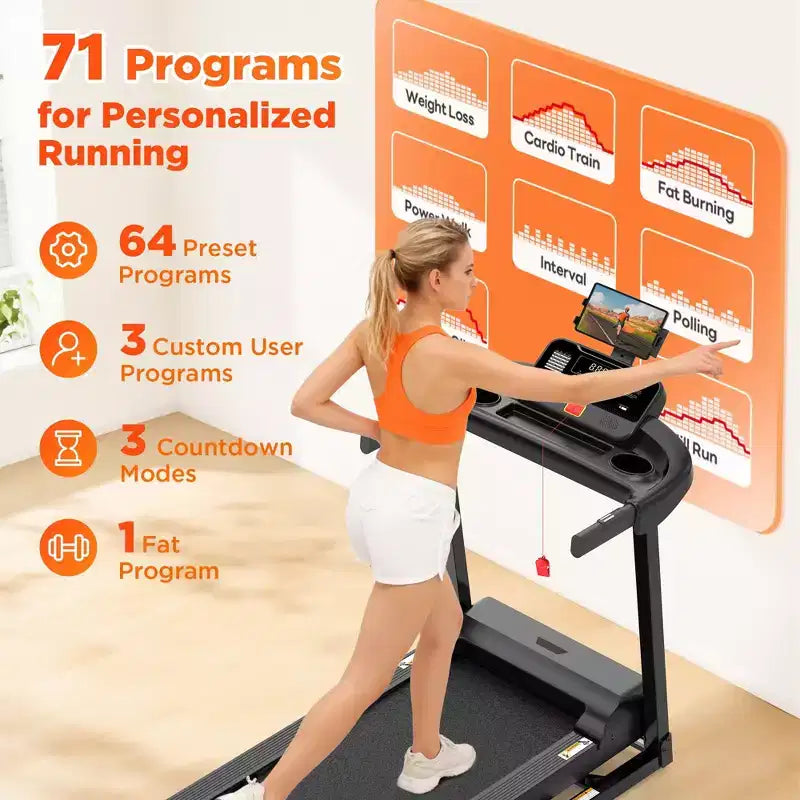 300lbs Capacity Foldable Treadmill for Home,3HP Incline Treadmill,64+7 Program,Portable Treadmill,7.5MPH,5-layer Belt, Free Jogging Walking Courses