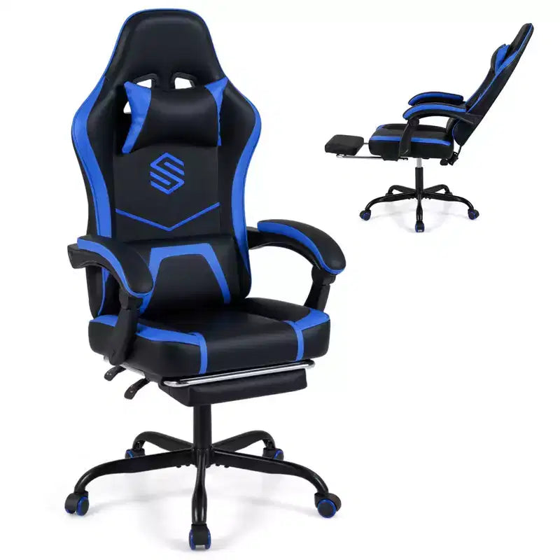 Costway Gaming Chair with Headrest, Lumbar Support, Linkage Armrests, Reclining Backrest Black & White/Navy Blue & Black
