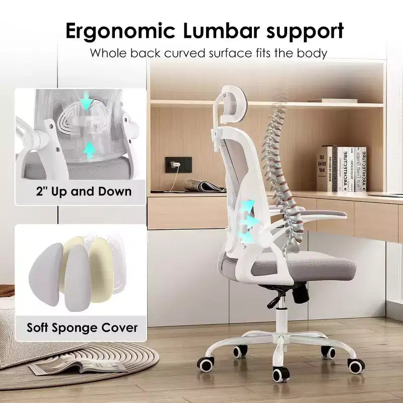 Chaise de bureau ergonomique - Pivotante, dossier en maille, support lombaire réglable, accoudoirs relevables, appuie-tête, 158 kg