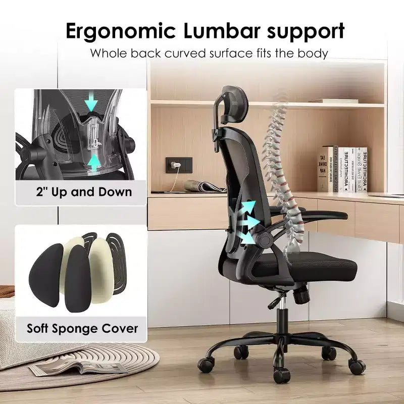 Chaise de bureau ergonomique - Pivotante, dossier en maille, support lombaire réglable, accoudoirs relevables, appuie-tête, 158 kg