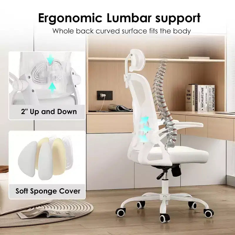 Chaise de bureau ergonomique - Pivotante, dossier en maille, support lombaire réglable, accoudoirs relevables, appuie-tête, 158 kg