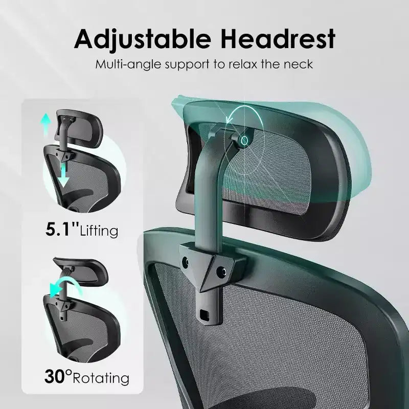 Chaise de bureau ergonomique - Pivotante, dossier en maille, support lombaire réglable, accoudoirs relevables, appuie-tête, 158 kg
