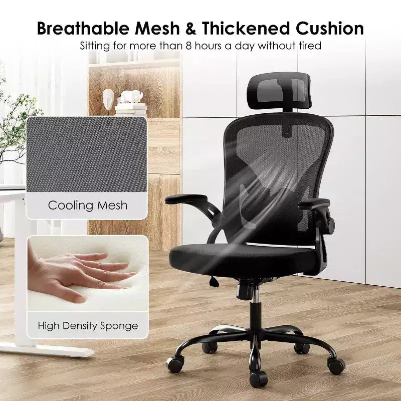 Chaise de bureau ergonomique - Pivotante, dossier en maille, support lombaire réglable, accoudoirs relevables, appuie-tête, 158 kg