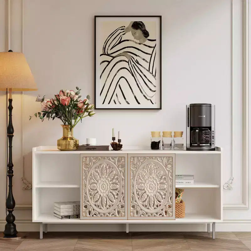 Buffet de cuisine style rétro - 2 portes coulissantes ajourées, 2 étagères, 149 cm