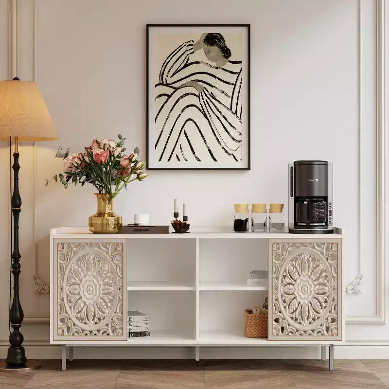 Buffet de cuisine style rétro - 2 portes coulissantes ajourées, 2 étagères, 149 cm