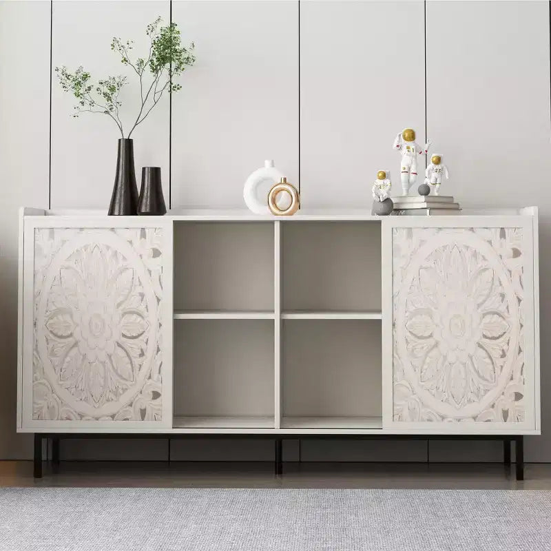 Buffet de cuisine style rétro - 2 portes coulissantes ajourées, 2 étagères, 149 cm