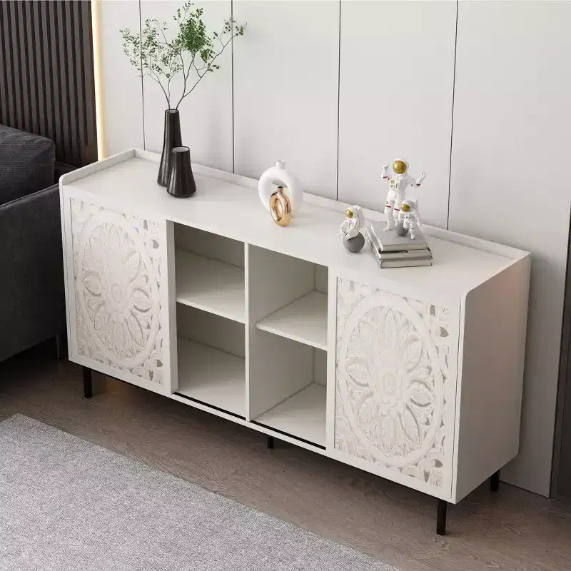 Buffet de cuisine style rétro - 2 portes coulissantes ajourées, 2 étagères, 149 cm