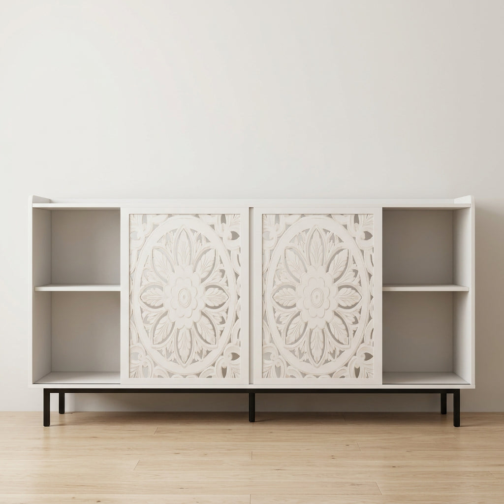 Buffet de cuisine style rétro - 2 portes coulissantes ajourées, 2 étagères, 149 cm
