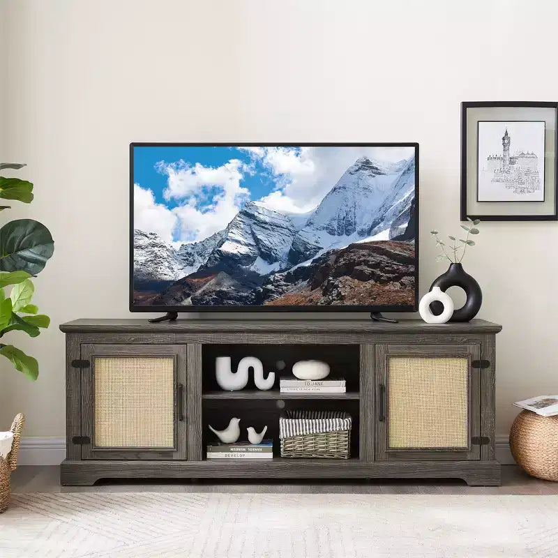 Meuble TV de style ferme pour écrans jusqu'à 70 pouces - 2 étagères ouvertes, 2 portes en rotin, MDF