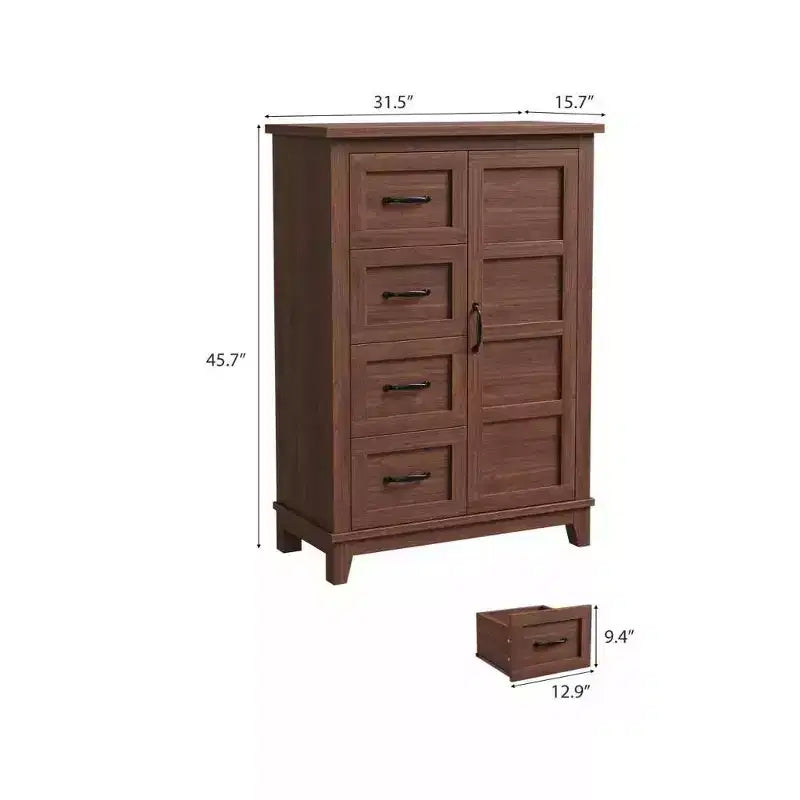 Commode de 116 cm avec 4 tiroirs et porte - Noyer, Meuble de rangement de chambre indépendant