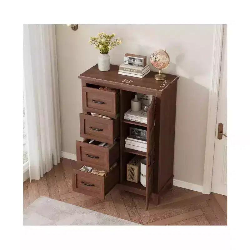 Commode de 116 cm avec 4 tiroirs et porte - Noyer, Meuble de rangement de chambre indépendant
