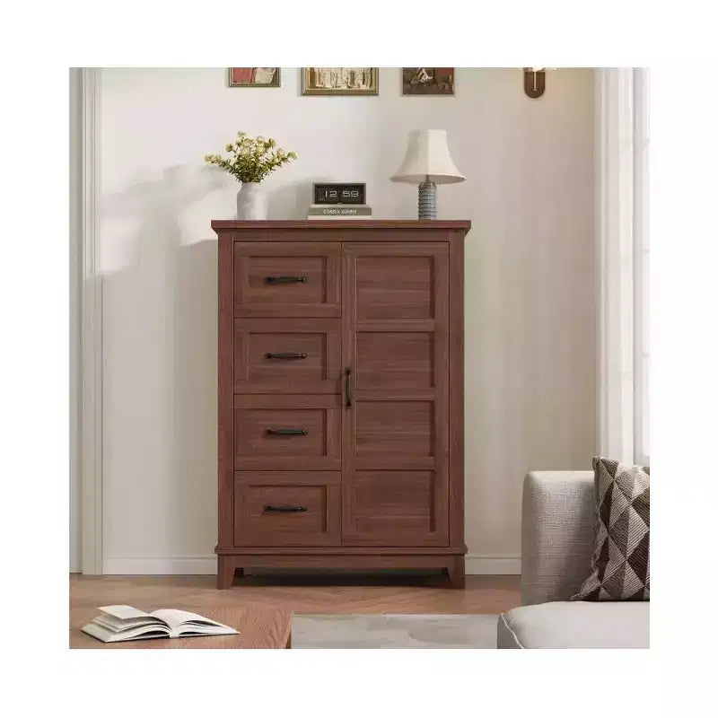 Commode de 116 cm avec 4 tiroirs et porte - Noyer, Meuble de rangement de chambre indépendant