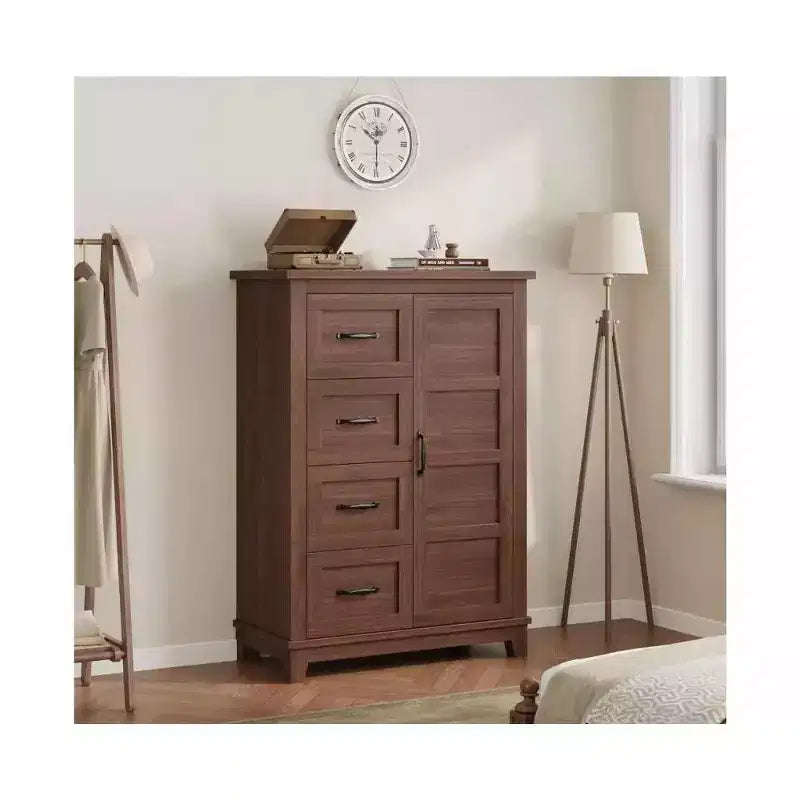 Commode de 116 cm avec 4 tiroirs et porte - Noyer, Meuble de rangement de chambre indépendant