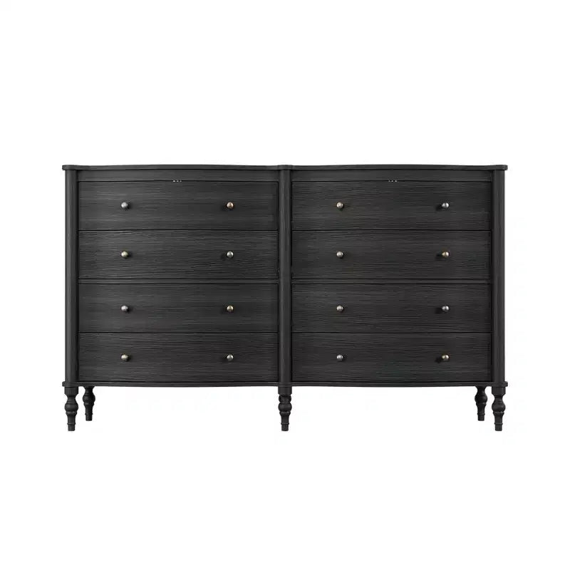 Commode vintage à façade incurvée avec 8 tiroirs - Noir/Chêne clair, Poignées bronze, MDF