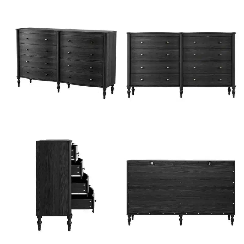 Commode vintage à façade incurvée avec 8 tiroirs - Noir/Chêne clair, Poignées bronze, MDF