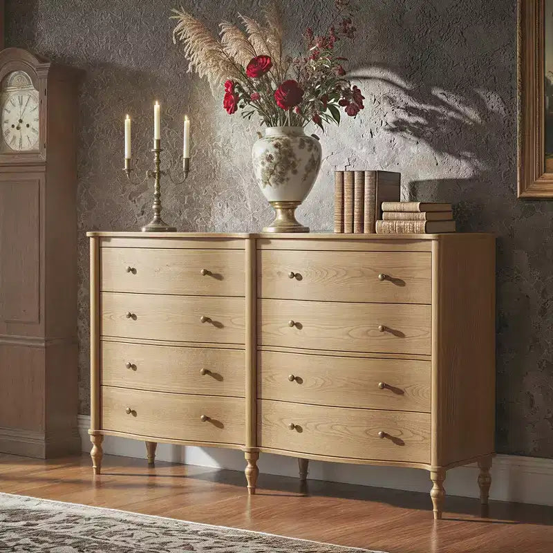 Commode vintage à façade incurvée avec 8 tiroirs - Noir/Chêne clair, Poignées bronze, MDF