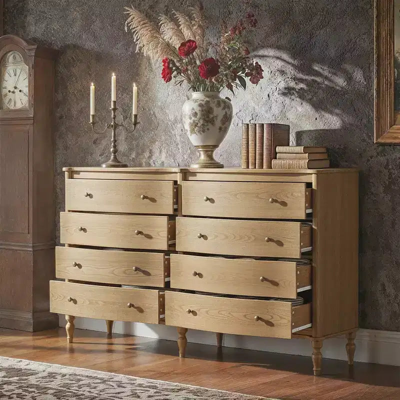 Commode vintage à façade incurvée avec 8 tiroirs - Noir/Chêne clair, Poignées bronze, MDF