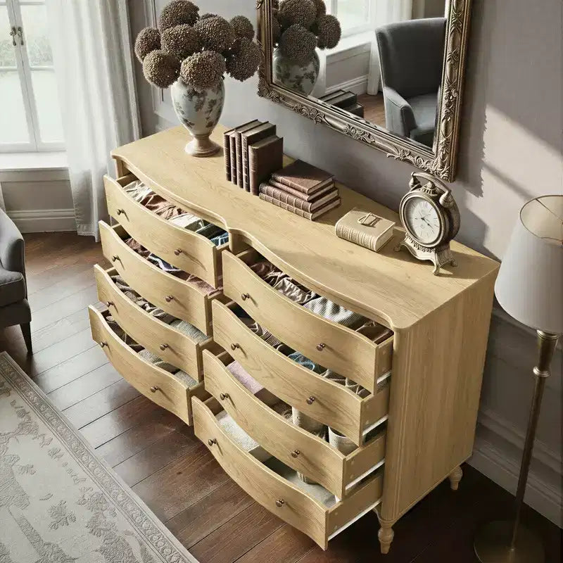 Commode vintage à façade incurvée avec 8 tiroirs - Noir/Chêne clair, Poignées bronze, MDF
