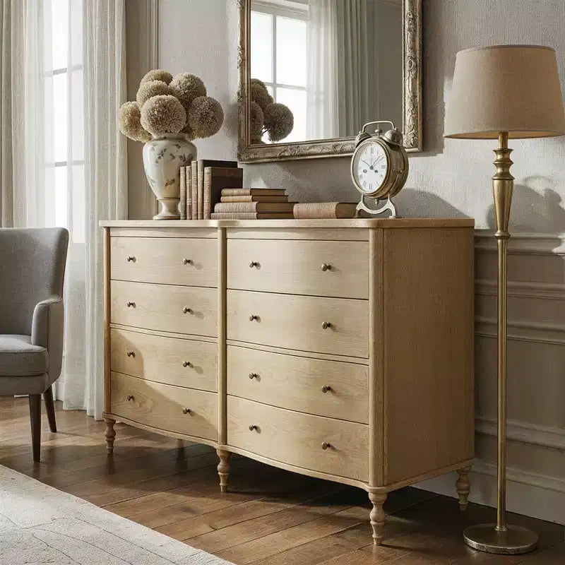 Commode vintage à façade incurvée avec 8 tiroirs - Noir/Chêne clair, Poignées bronze, MDF