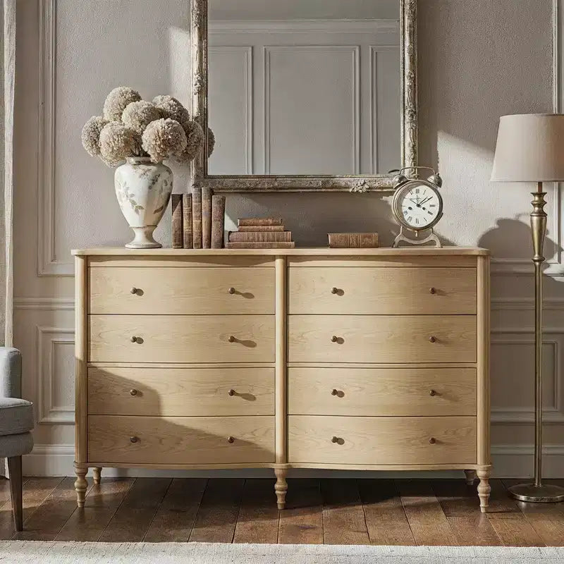 Commode vintage à façade incurvée avec 8 tiroirs - Noir/Chêne clair, Poignées bronze, MDF