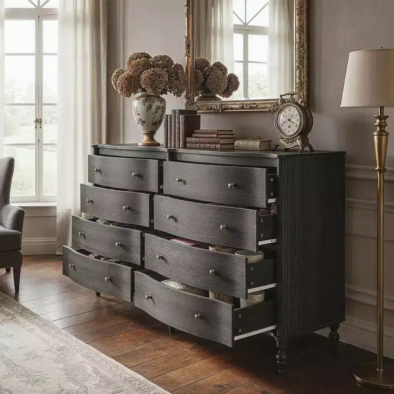Commode vintage à façade incurvée avec 8 tiroirs - Noir/Chêne clair, Poignées bronze, MDF